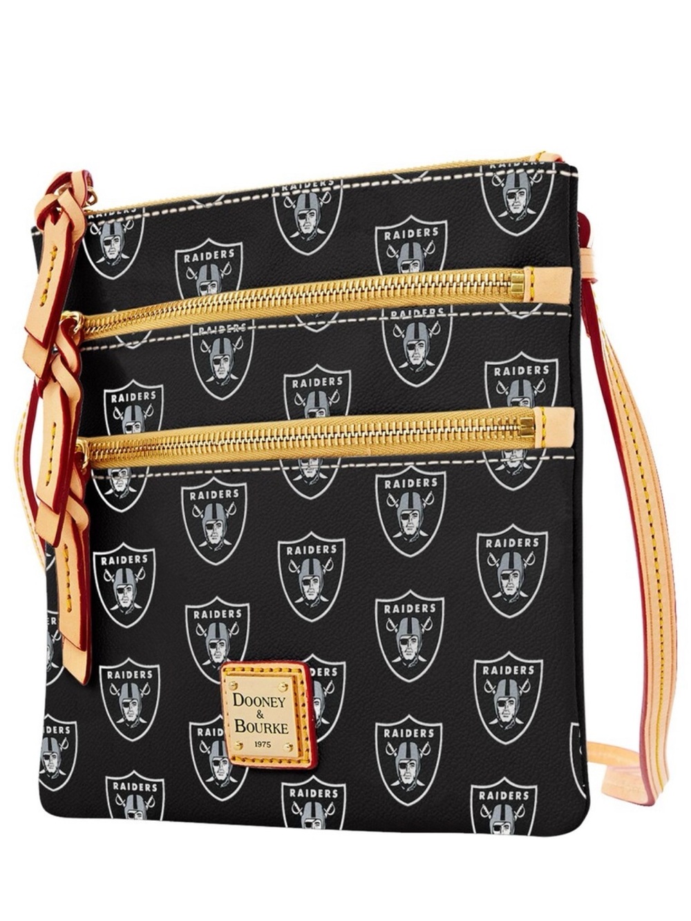 Dooney & Bourke Black Raiders Logo Crossbody with Gold Zippers and Tan Trim
